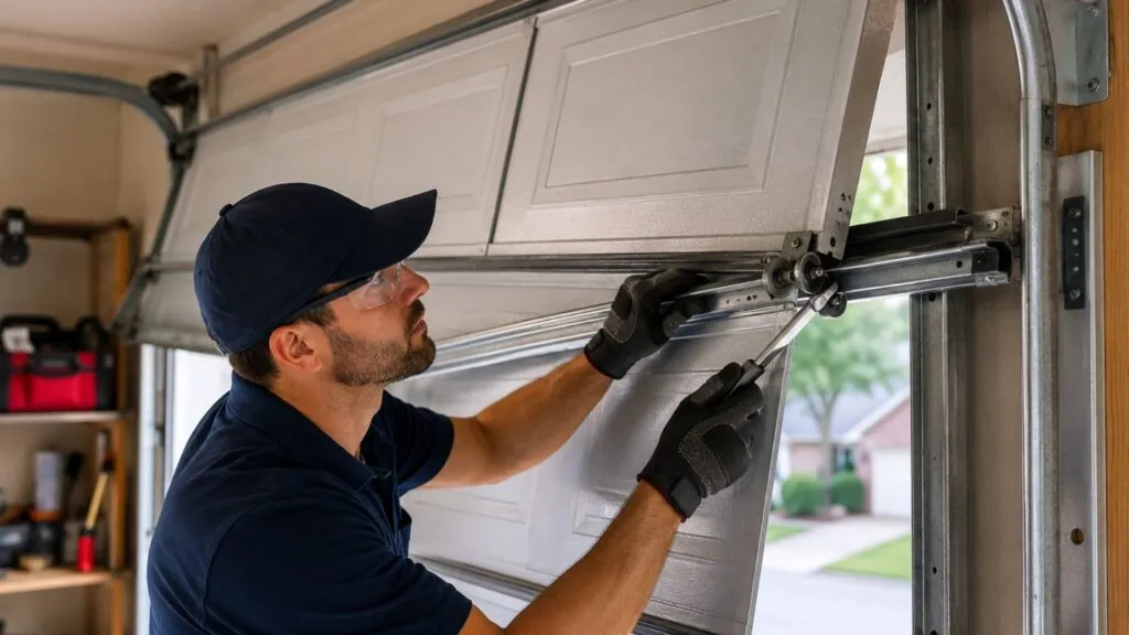 Garage door track and cable hardware being serviced