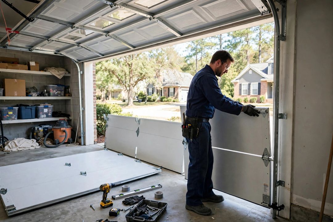 Technician at work — New garage door installation